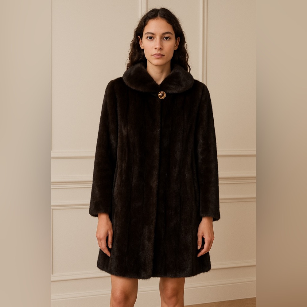 Luxury Dark Brown Faux Fur Coat with Button Collar